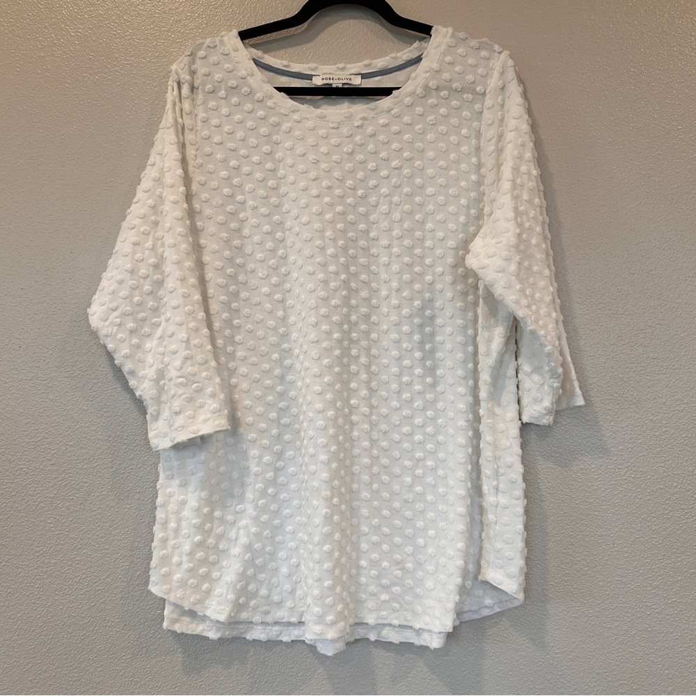 Rose + Olive White Polka Dot Tunic Textured Top Flowy Romantic Shirt Womens 2X